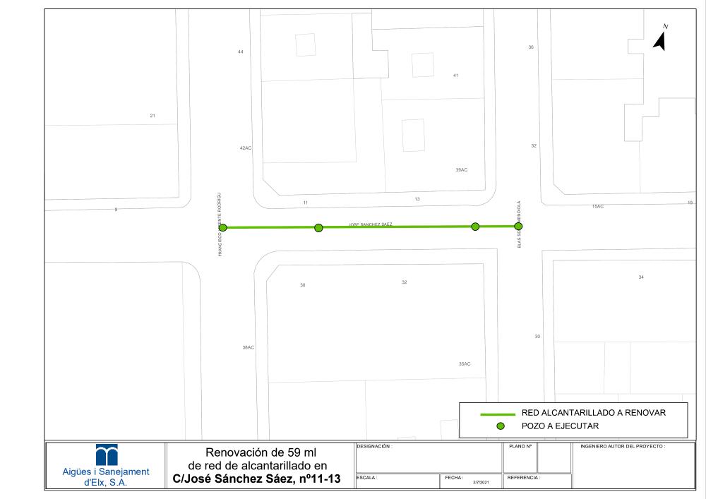 Plano de la renovación de red de alcantarillado en c/José Sánchez Sáez 11 y 13