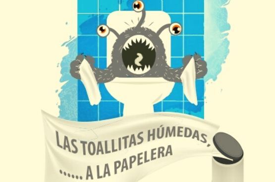 dibujo de un monstruo saliendo de un inodoro y al lado una papelera de la que sale el mensaje de no tirar toallitas al retrete